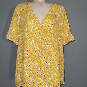 West Kei Yellow Floral Blouse button up short sleeve top shirt woman’s Large